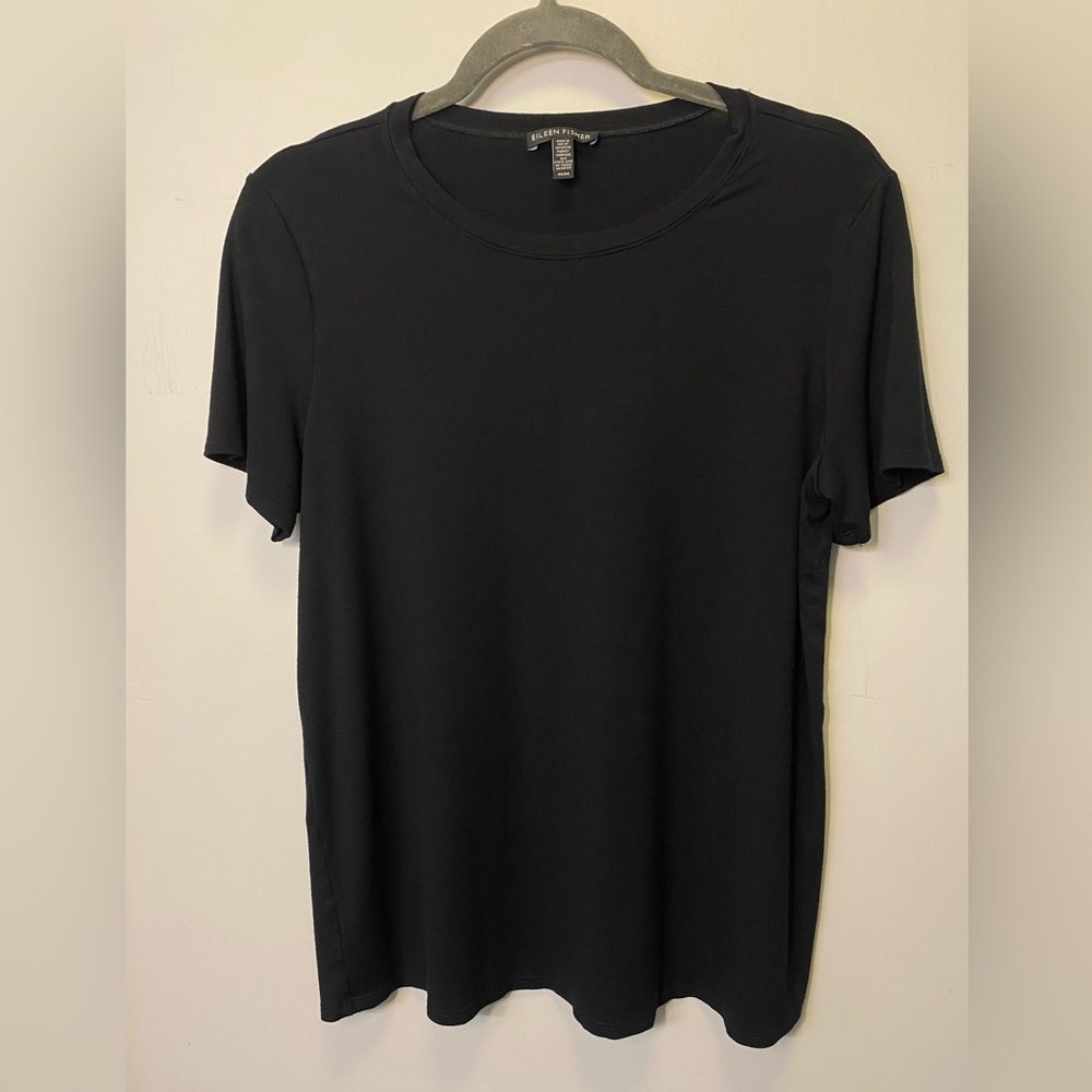 Eileen Fisher Top Medium Viscose Stretch Jersey Crewneck Short Sleeve Black